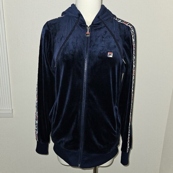 Fila Navy Blue Velour Full Zip Logo Tape Sleeve Stripe Track Jacket Women Medium - Picture 1 of 11